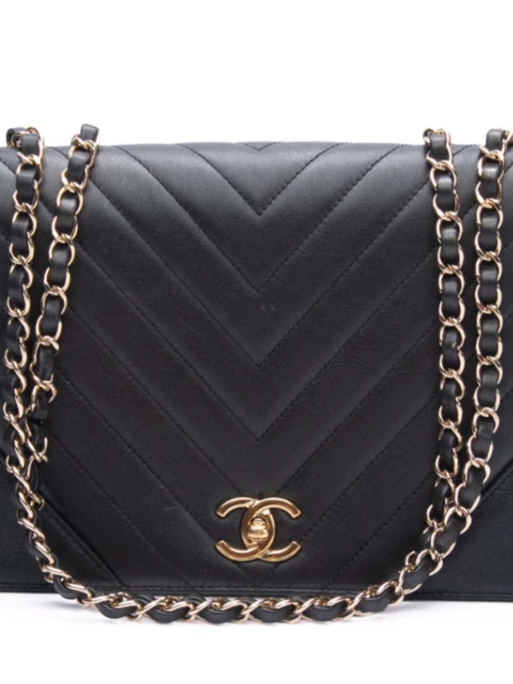 CHANEL Black Chevron Quilted Calfskin Statement Flap  Bag with Gold Hardware